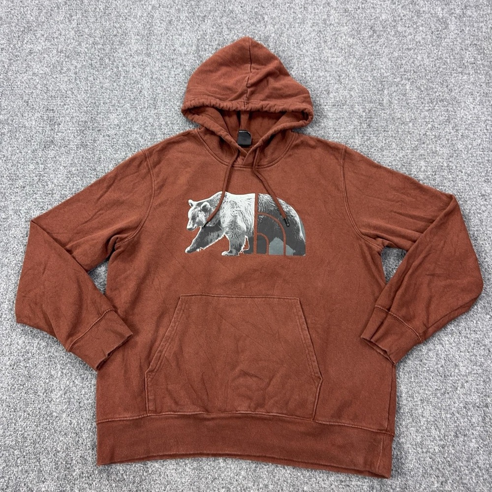 The North Face Hoodie Mens L Brown Fleece Pullover Sweatshirt Bear Graphic Logo